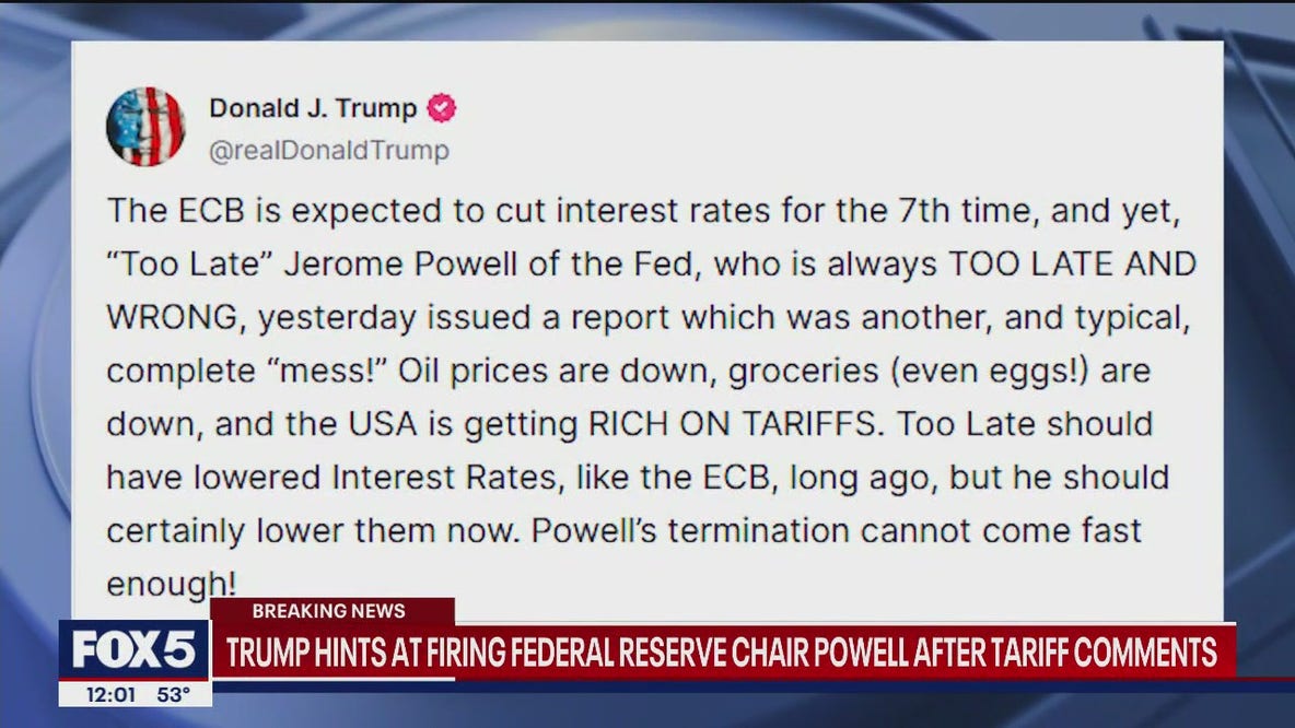 Trump hints at firing federal reserve chair Powell after tariff comments